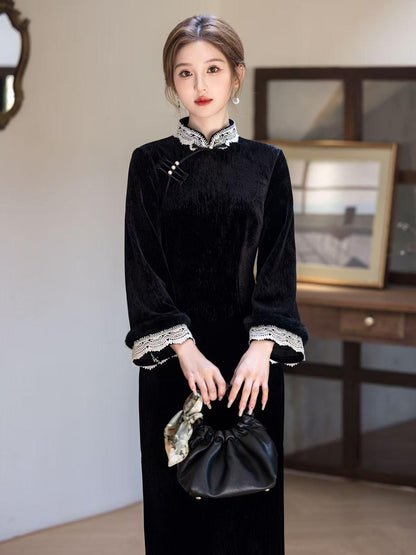 Women's Black Elegant Velvet Qipao Cheongsam Dress – Long Sleeve – additional product view