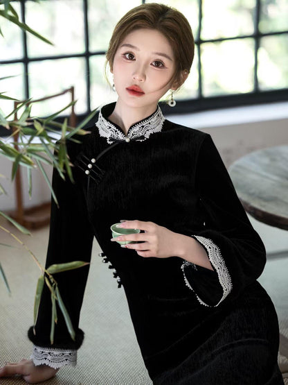 Women's Black Elegant Velvet Qipao Cheongsam Dress – Long Sleeve – additional product view