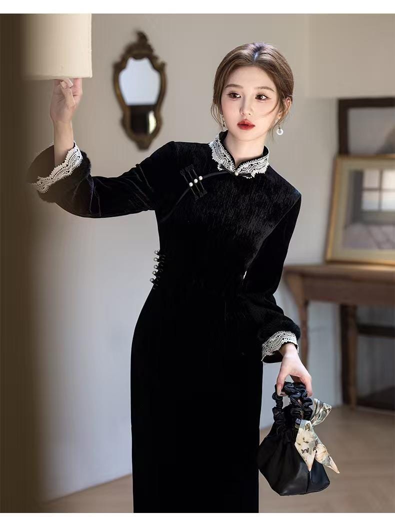 Women's Black Elegant Velvet Qipao Cheongsam Dress – Long Sleeve