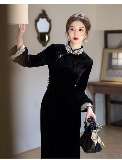 Women's Black Elegant Velvet Qipao Cheongsam Dress – Long Sleeve