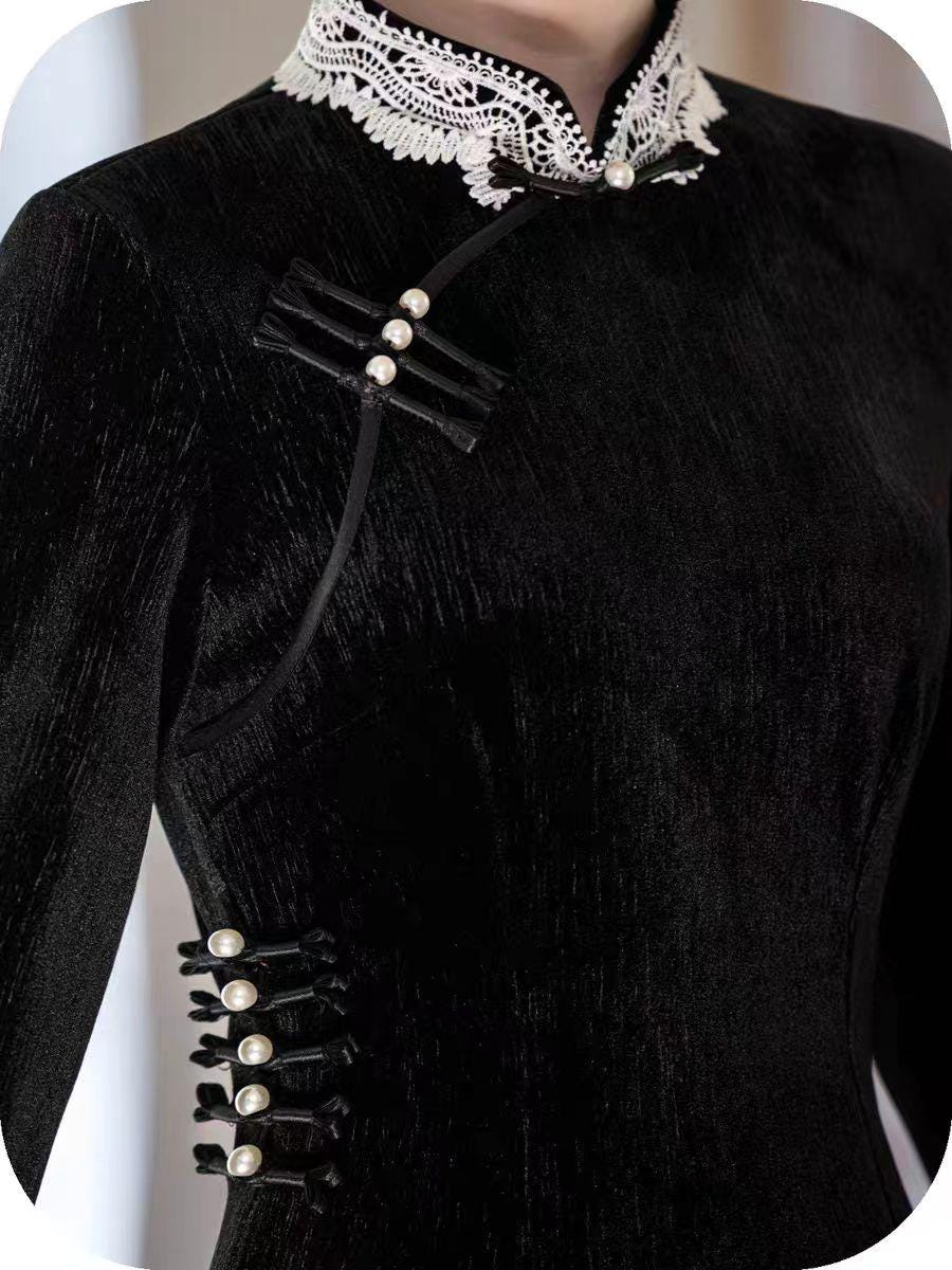 Women's Black Elegant Velvet Qipao Cheongsam Dress – Long Sleeve – additional product view