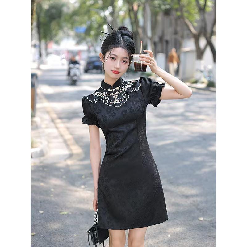 Women's Black Embroidered Qipao Cheongsam Dress – Jacquard