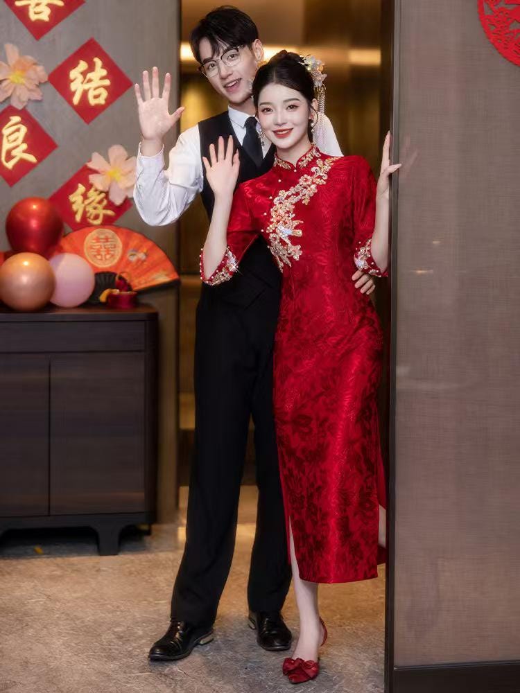 Women's Red Embroidered Satin Qipao Cheongsam Dress – additional product view