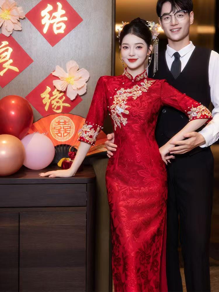 Women's Red Embroidered Satin Qipao Cheongsam Dress