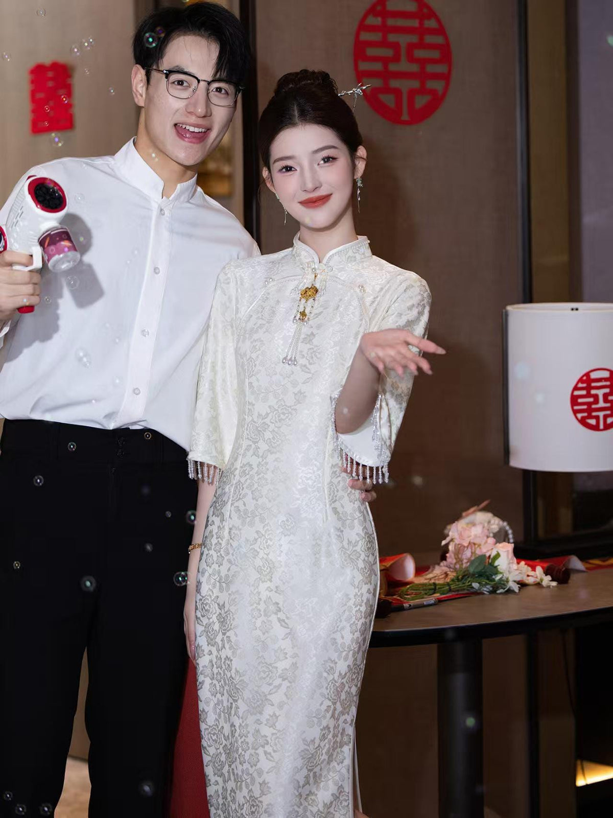 Women's White Elegant Qipao Cheongsam Dress – Jacquard – additional product view
