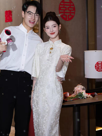 Women's White Elegant Qipao Cheongsam Dress – Jacquard – additional product view