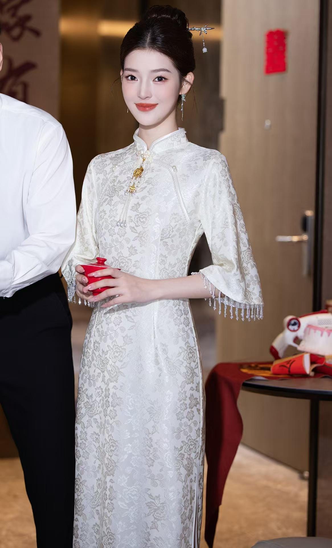 Women's White Elegant Qipao Cheongsam Dress – Jacquard – additional product view