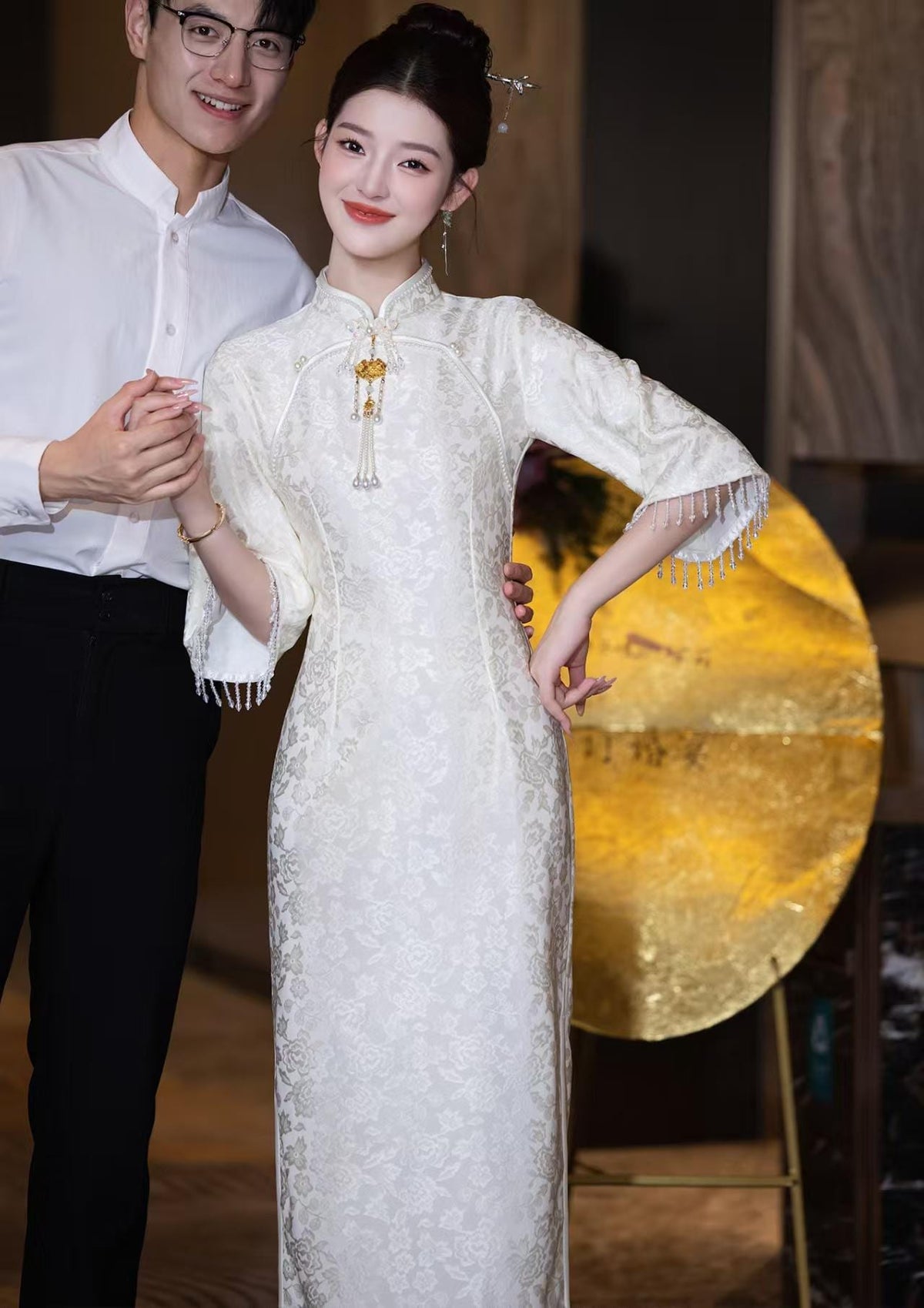 Women's White Elegant Qipao Cheongsam Dress – Jacquard – additional product view