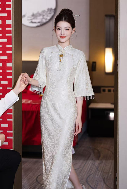 Women's White Elegant Qipao Cheongsam Dress – Jacquard – additional product view