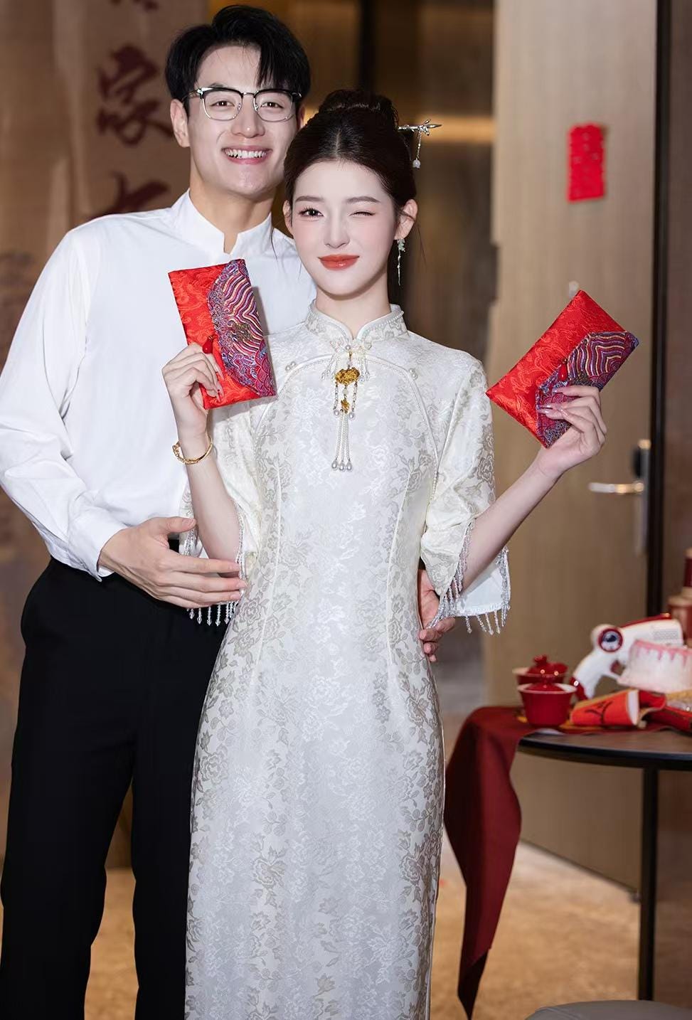 Women's White Elegant Qipao Cheongsam Dress – Jacquard – additional product view