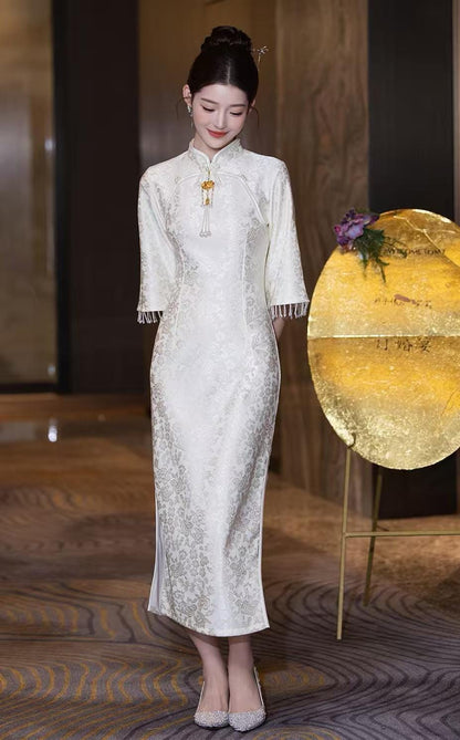 Women's White Elegant Qipao Cheongsam Dress – Jacquard