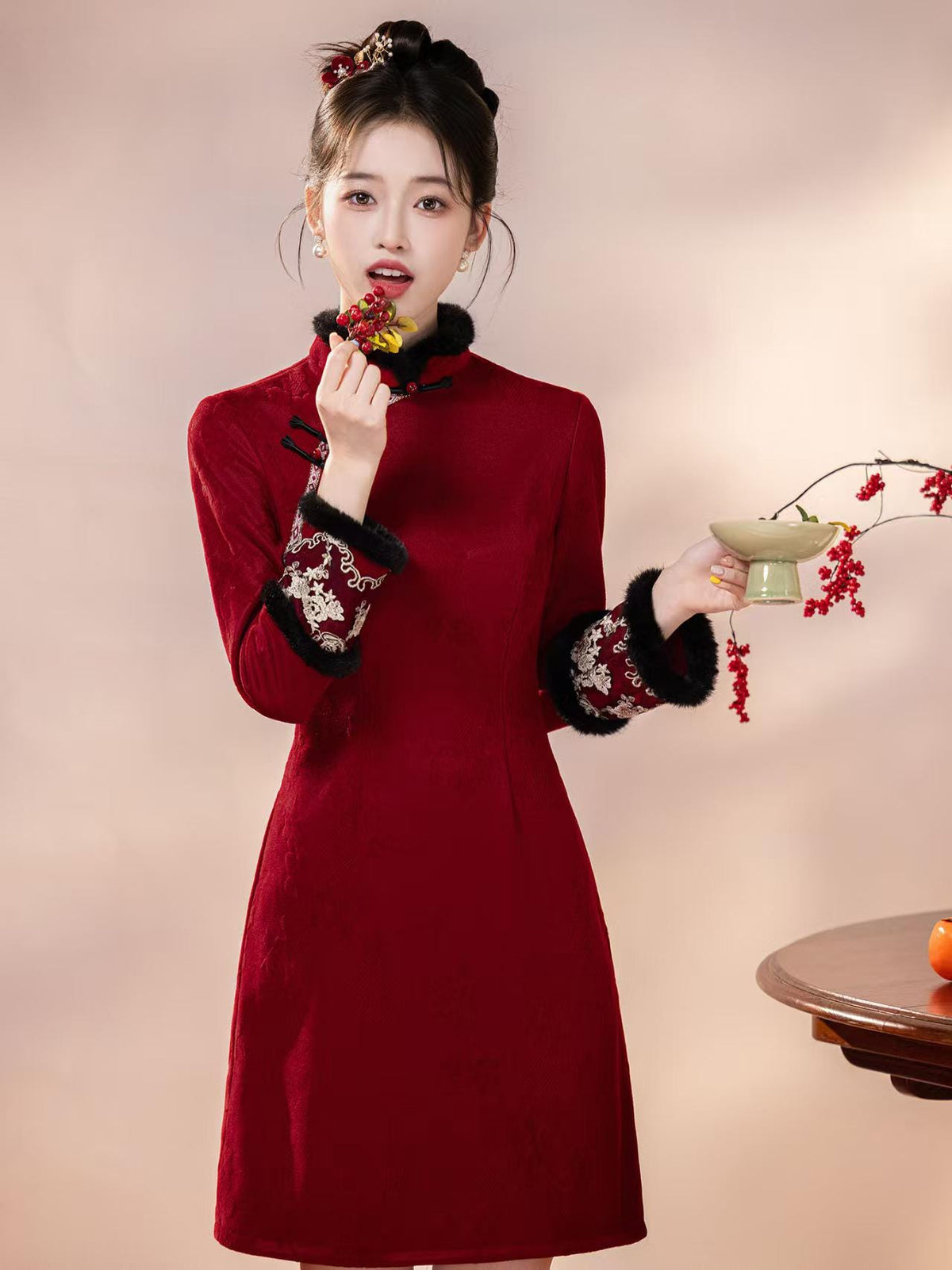 Women's Red Embroidered Qipao Cheongsam Dress – Chenille – additional product view