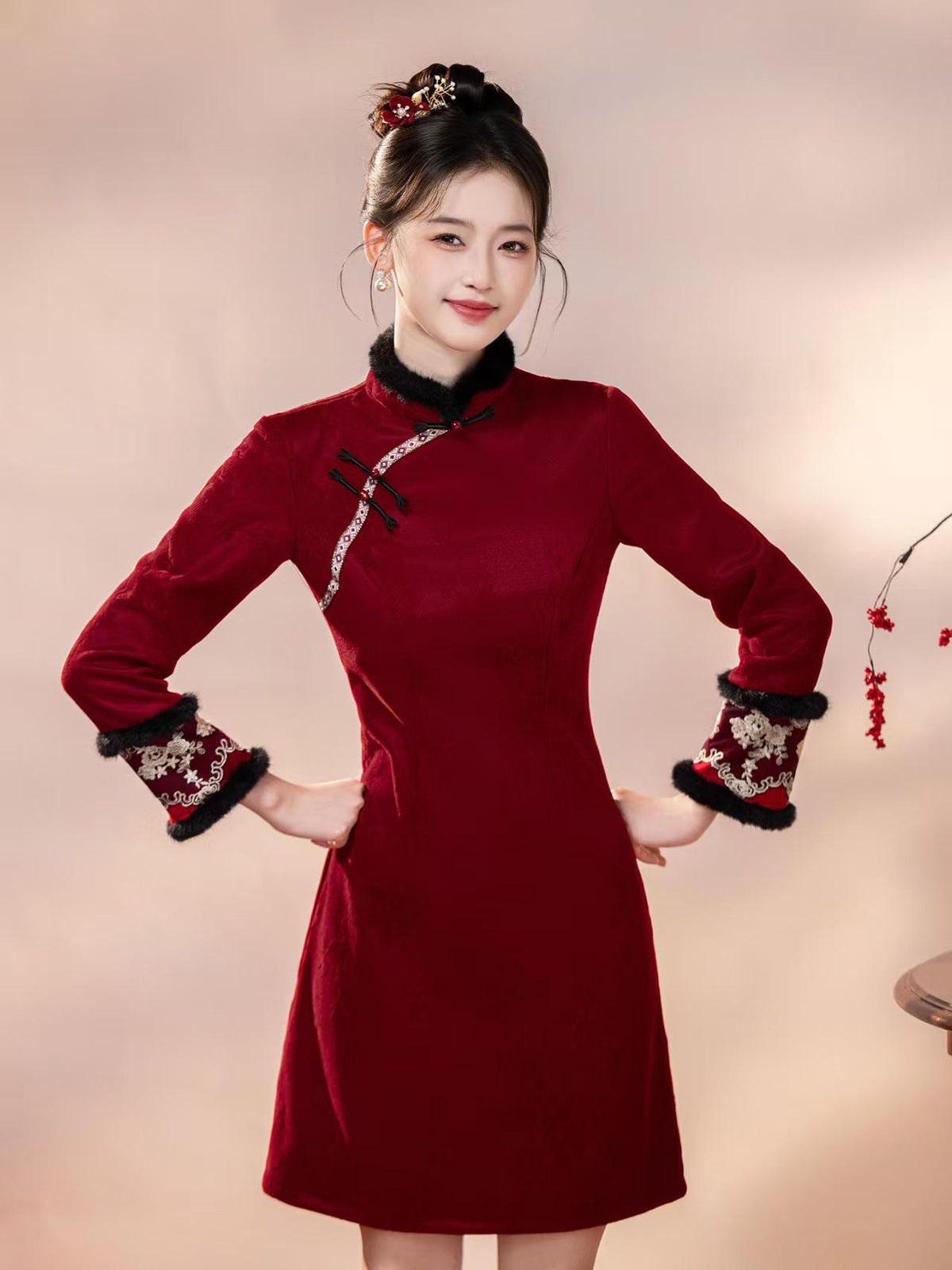 Women's Red Embroidered Qipao Cheongsam Dress – Chenille – additional product view