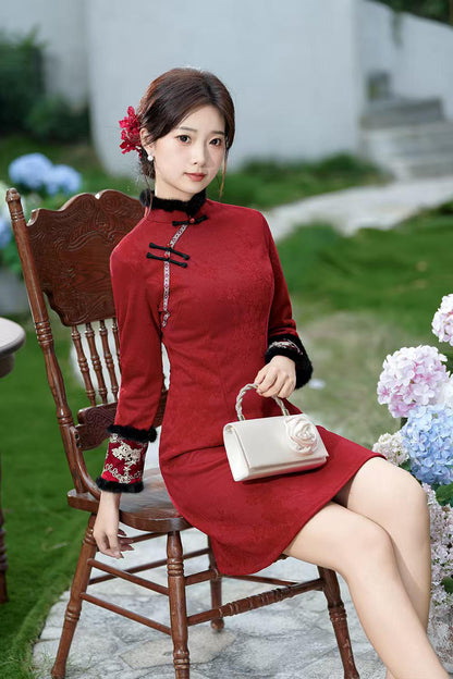 Women's Red Embroidered Qipao Cheongsam Dress – Chenille – additional product view