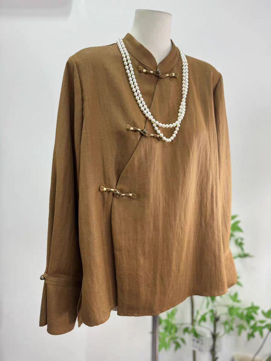 Women's Vintage Chinese Style Blouse – Linen Mandarin Collar – additional product view