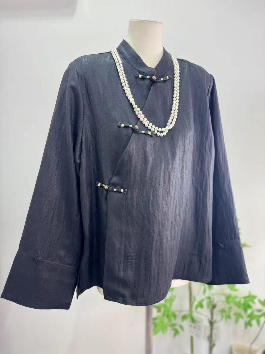 Women's Vintage Chinese Style Blouse – Linen Mandarin Collar – additional product view