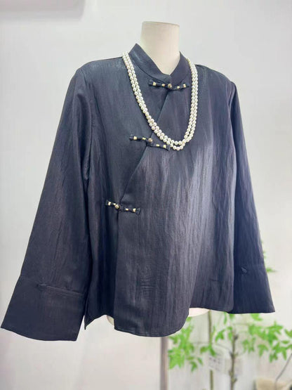 Women's Vintage Chinese Style Blouse – Linen Mandarin Collar – additional product view