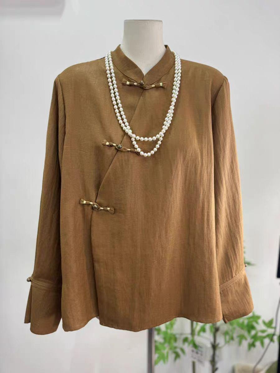 Women's Vintage Chinese Style Blouse – Linen Mandarin Collar – additional product view