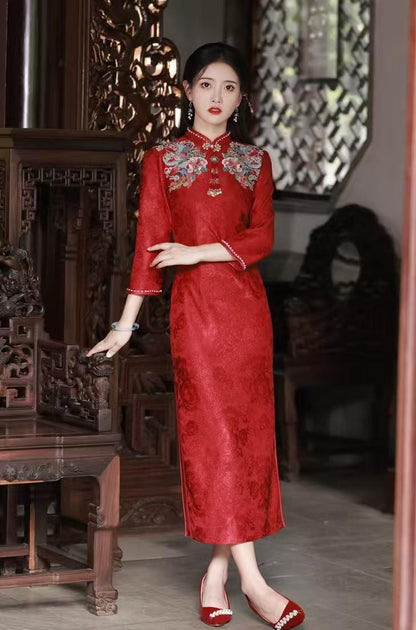 Women's Red Floral Qipao Cheongsam Dress – Jacquard Phoenix – additional product view
