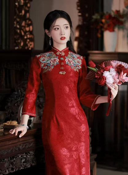 Women's Red Floral Qipao Cheongsam Dress – Jacquard Phoenix – additional product view
