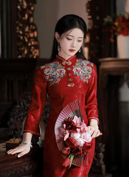 Women's Red Floral Qipao Cheongsam Dress – Jacquard Phoenix – additional product view