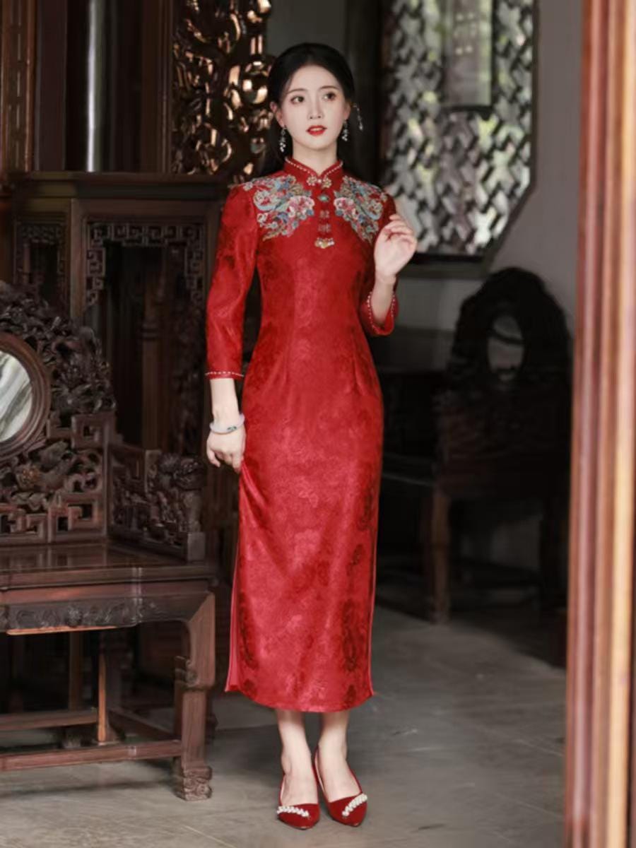 Women's Red Floral Qipao Cheongsam Dress – Jacquard Phoenix – additional product view