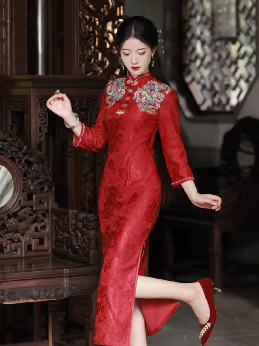 Women's Red Floral Qipao Cheongsam Dress – Jacquard Phoenix – additional product view