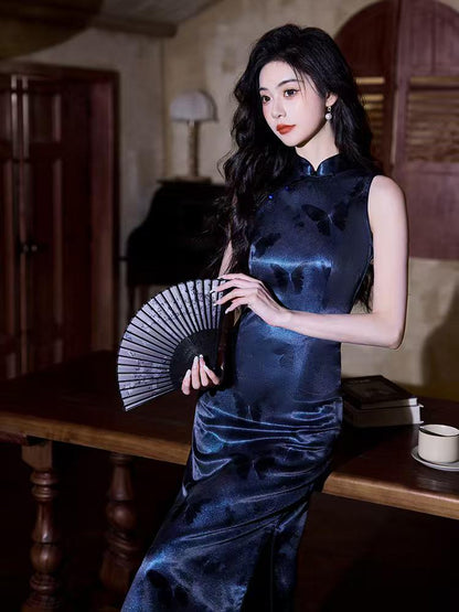 Women's Elegant Satin Qipao Cheongsam Dress – Printed Maxi