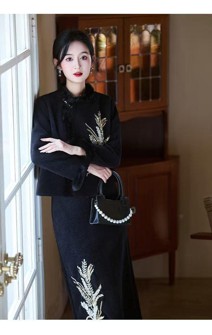 Women's Elegant Velvet Modern Chinese Two-Piece Set – additional product view