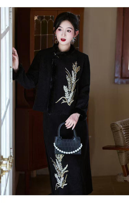Women's Elegant Velvet Modern Chinese Two-Piece Set – additional product view
