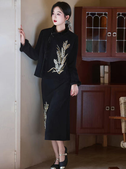 Women's Elegant Velvet Modern Chinese Two-Piece Set