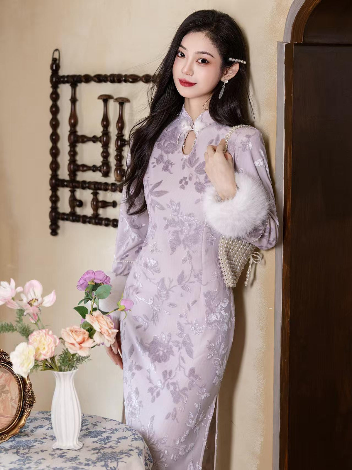 Women's Floral Qipao Cheongsam Dress – Lilac Floral Embroidery – additional product view
