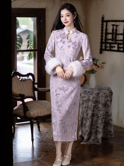 Women's Floral Qipao Cheongsam Dress – Lilac Floral Embroidery – additional product view