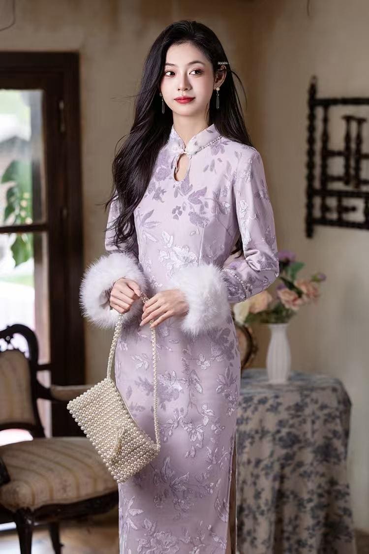 Women's Floral Qipao Cheongsam Dress – Lilac Floral Embroidery – additional product view