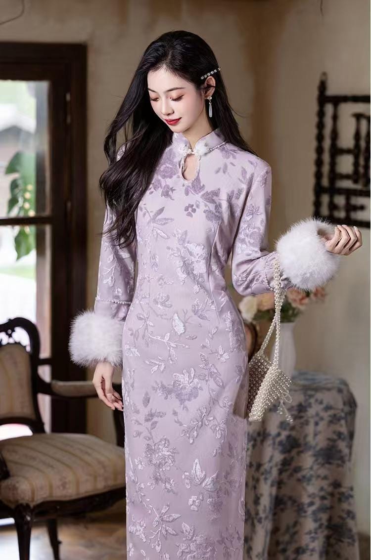 Women's Floral Qipao Cheongsam Dress – Lilac Floral Embroidery – additional product view