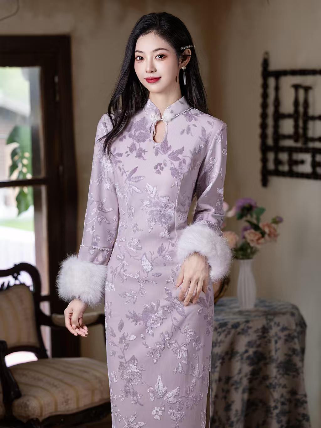 Women's Floral Qipao Cheongsam Dress – Lilac Floral Embroidery