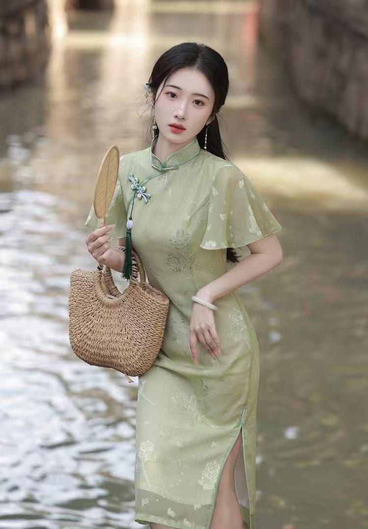 Women's Green Floral Qipao Cheongsam Dress – Midi – additional product view