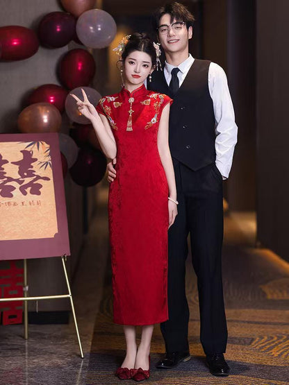 Women's Red Embroidered Qipao Cheongsam Dress – additional product view