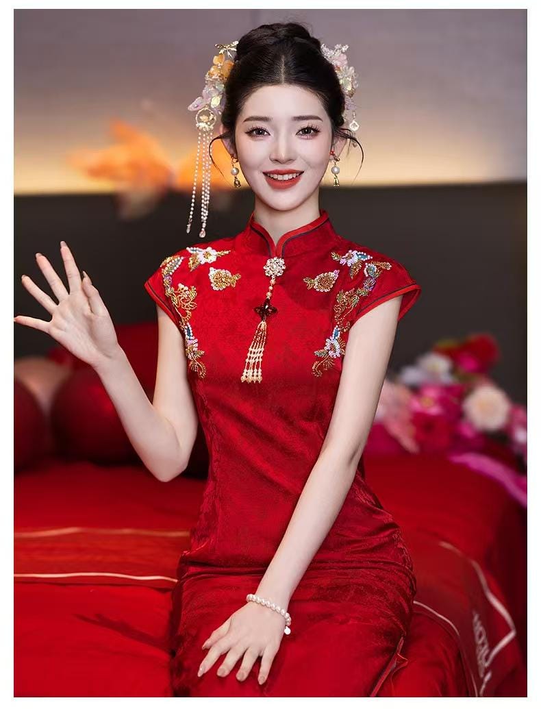 Women's Red Embroidered Qipao Cheongsam Dress – additional product view