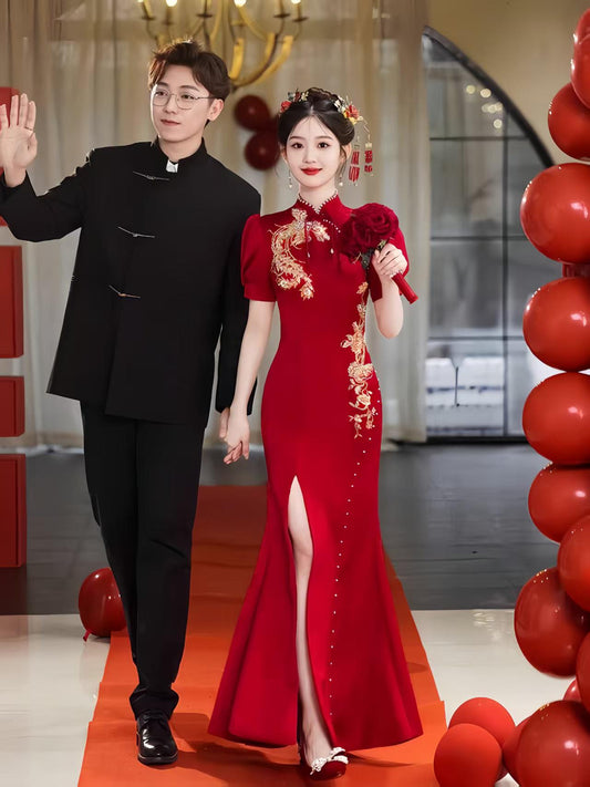 Women's Red Elegant Satin Qipao Cheongsam Dress