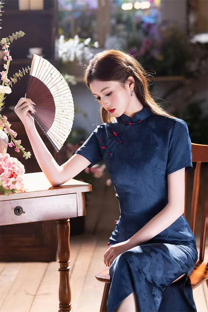 Women's Blue Elegant Qipao Cheongsam Dress – Long Fitted – additional product view