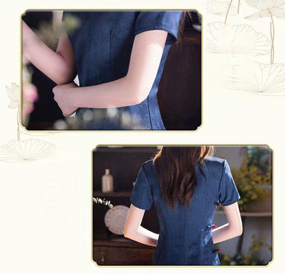 Women's Blue Elegant Qipao Cheongsam Dress – Long Fitted – additional product view