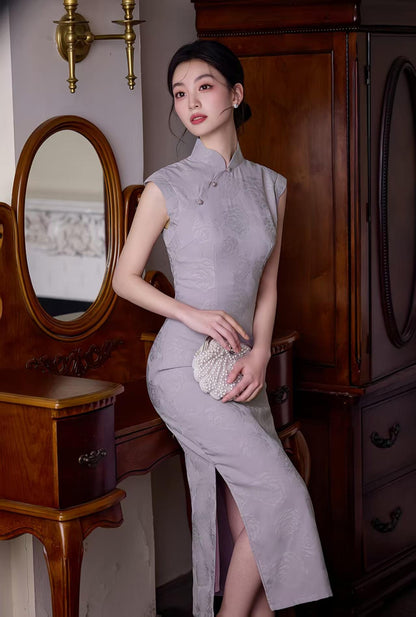 Women's Blue Jacquard Qipao Cheongsam Dress – Sleeveless Long – additional product view