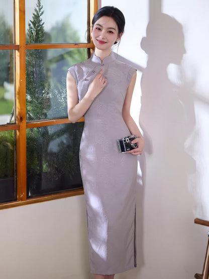 Women's Blue Jacquard Qipao Cheongsam Dress – Sleeveless Long – additional product view