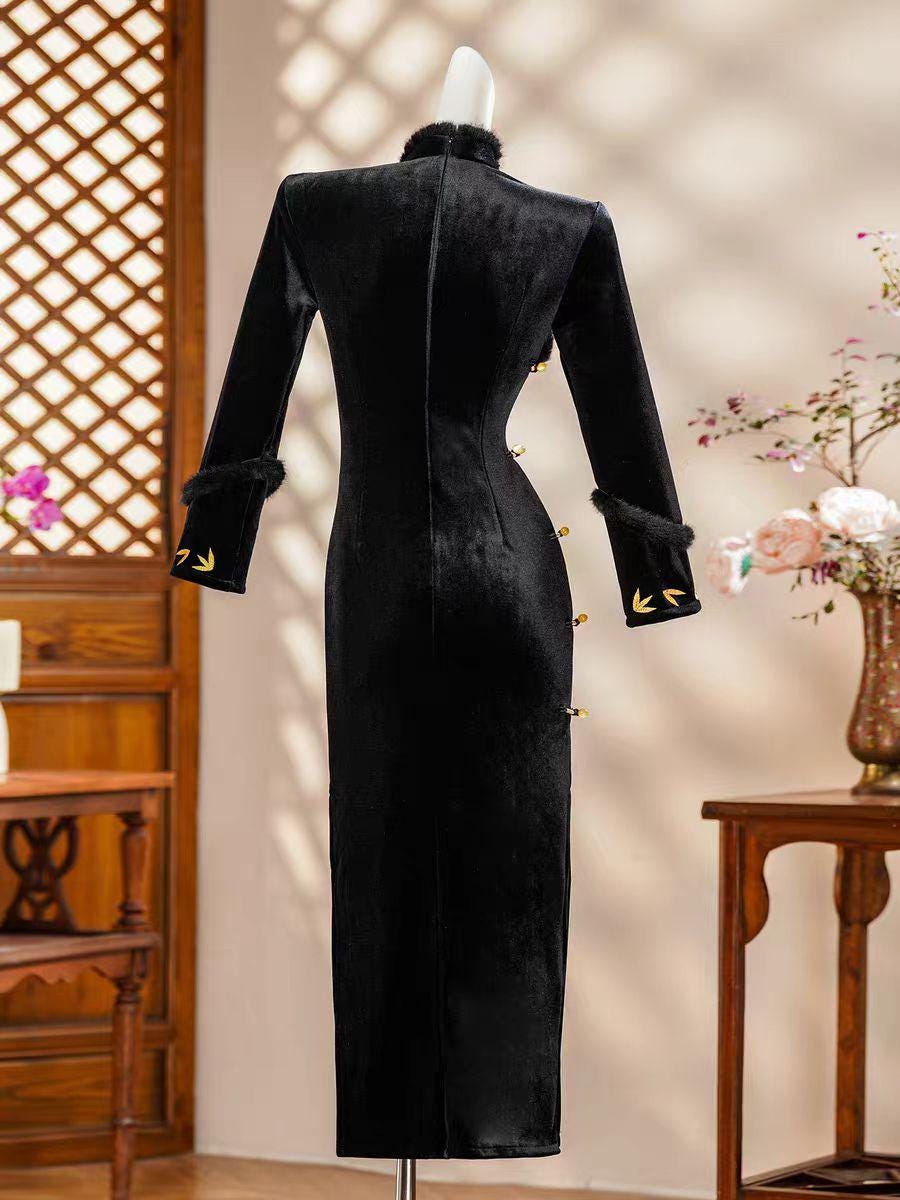 Women's Vintage Qipao Cheongsam Dress – Velvet Embroidered – additional product view