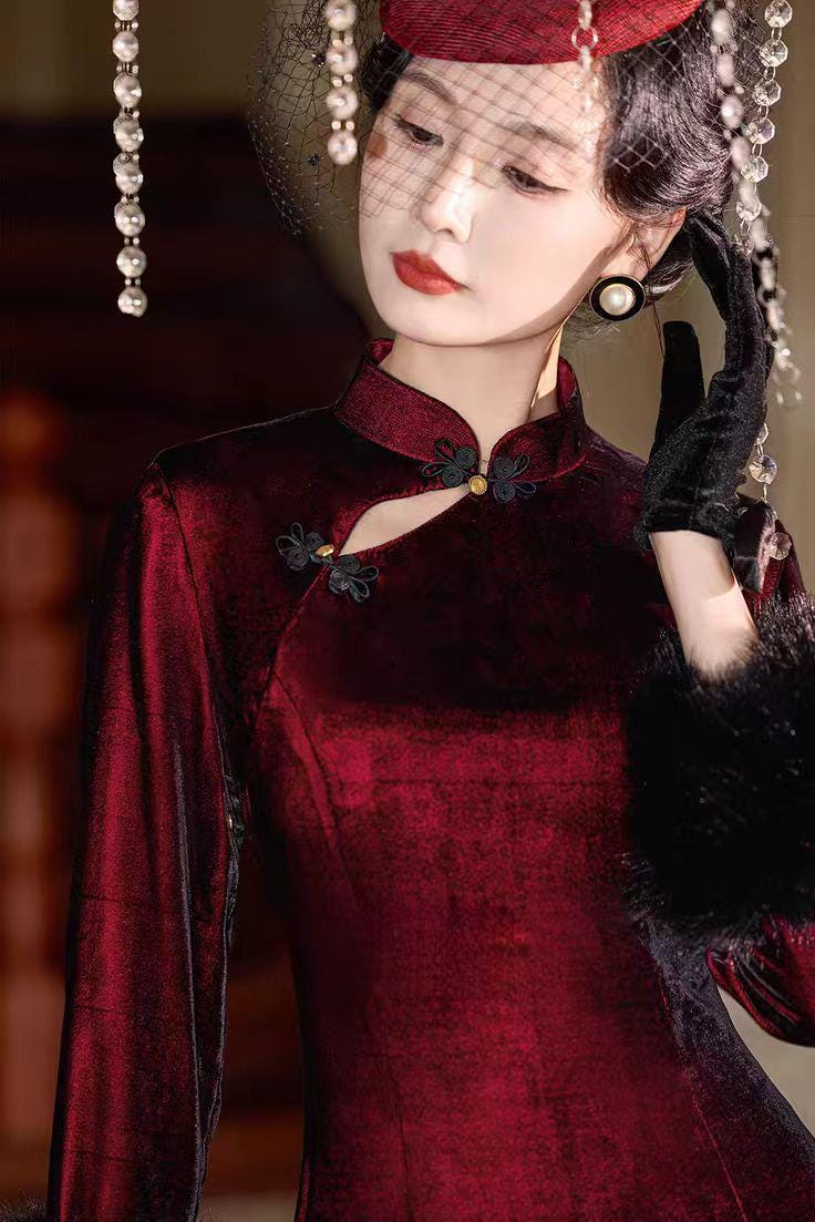 Women's Vintage Velvet Qipao Cheongsam Dress – Burgundy Mermaid – additional product view