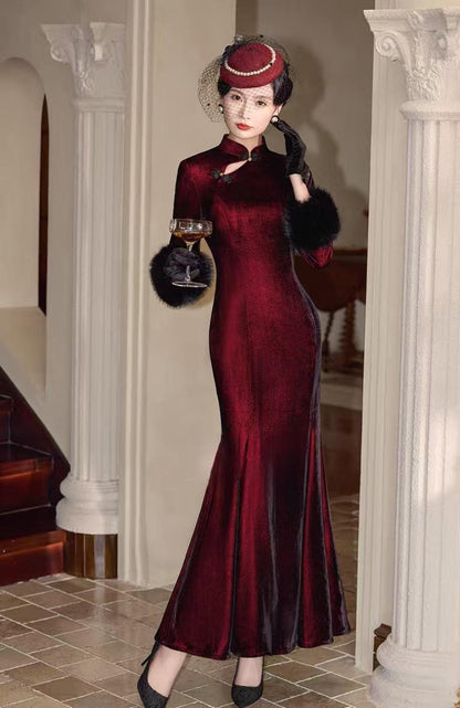 Women's Vintage Velvet Qipao Cheongsam Dress – Burgundy Mermaid – additional product view
