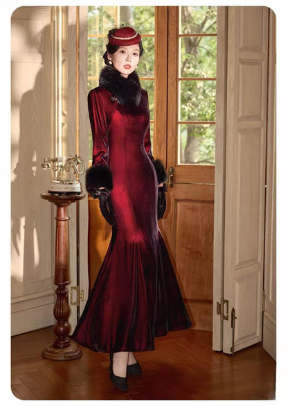 Women's Vintage Velvet Qipao Cheongsam Dress – Burgundy Mermaid – additional product view