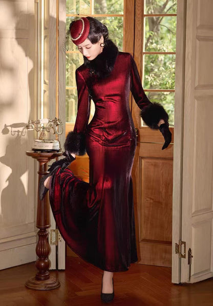 Women's Vintage Velvet Qipao Cheongsam Dress – Burgundy Mermaid – additional product view