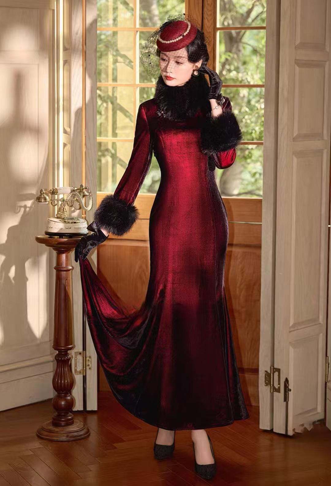Women's Vintage Velvet Qipao Cheongsam Dress – Burgundy Mermaid – additional product view